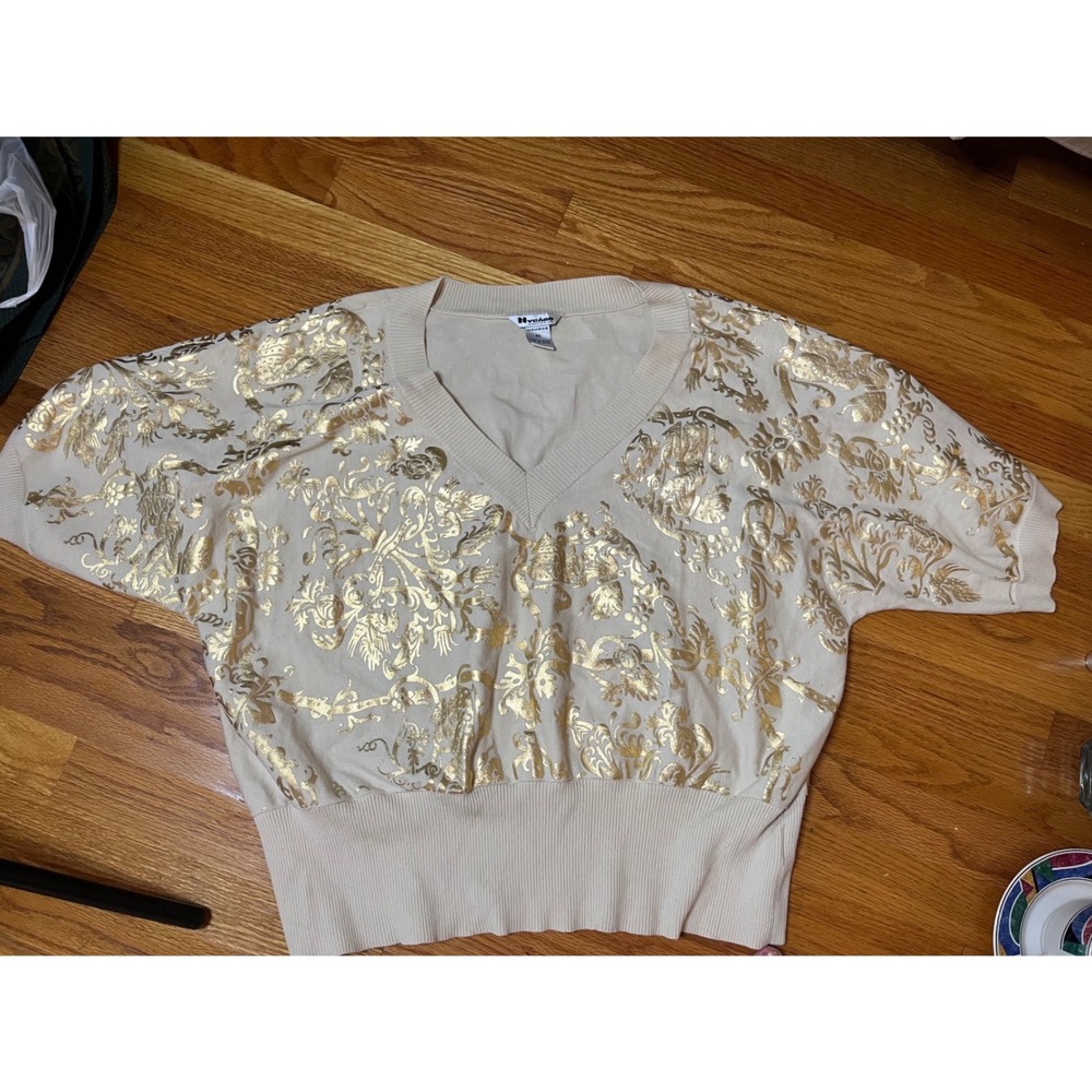Nygard Collection Womens 3X Gold Damask Foil Print V-Neck Knit Top Cream